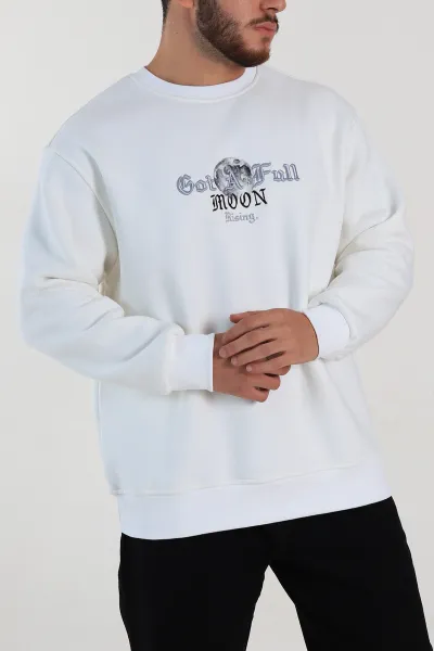 Beyaz Oversize Sırt Nakış Detaylı Baskılı Erkek Sweatshirt 306977