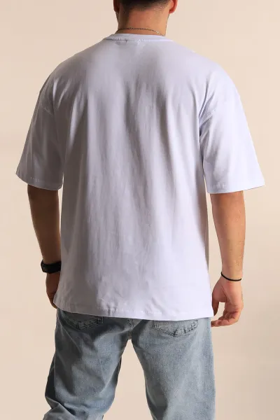 Beyaz Oversize Suprem Kumaş Plastik Baskı Detaylı Erkek Tişört 267363
