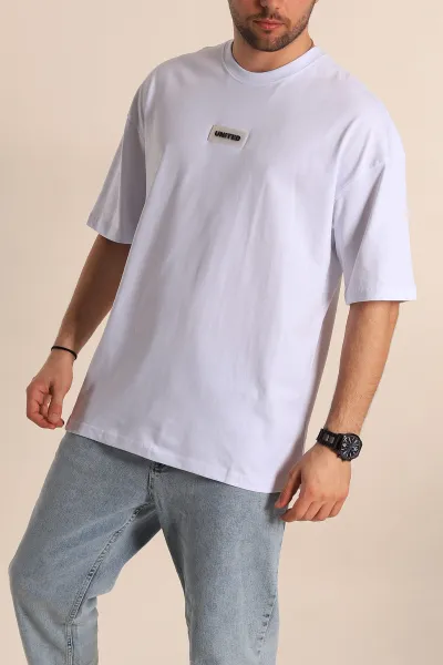 Beyaz Oversize Suprem Kumaş Plastik Baskı Detaylı Erkek Tişört 267363