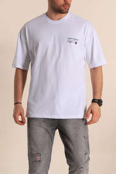 Beyaz Oversize Suprem Kumaş Sırt Baskılı Erkek Tişört 267437