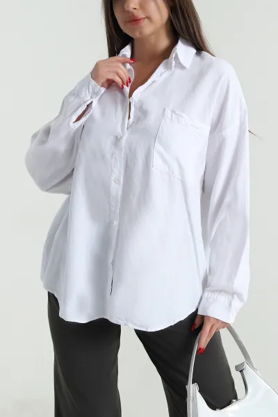 Beyaz Oversize Tensel Kadın Gömlek 492649