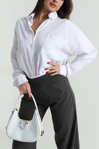 Beyaz Oversize Tensel Kadın Gömlek 492649
