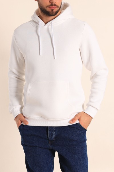 Beyaz Oversize Üç İp Şardonlu Basic Kapüşonlu Erkek Sweatshirt 222532