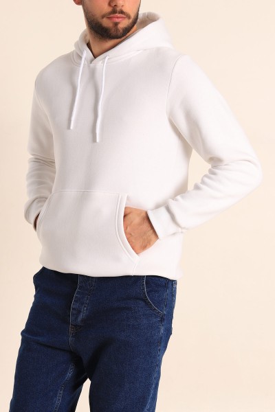 Beyaz Oversize Üç İp Şardonlu Basic Kapüşonlu Erkek Sweatshirt 222532