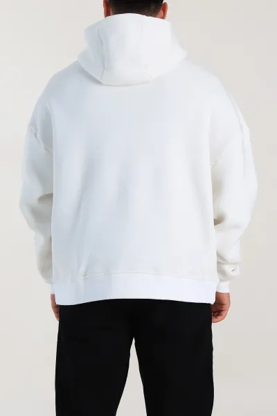 Beyaz Oversize Üç İp Şardonlu Baskılı Kanguru Cepli Kapüşonlu Erkek Sweatshirt 307230