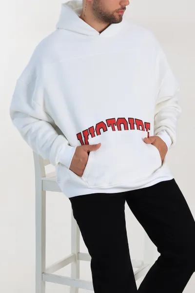 Beyaz Oversize Üç İp Şardonlu Baskılı Kanguru Cepli Kapüşonlu Erkek Sweatshirt 307230