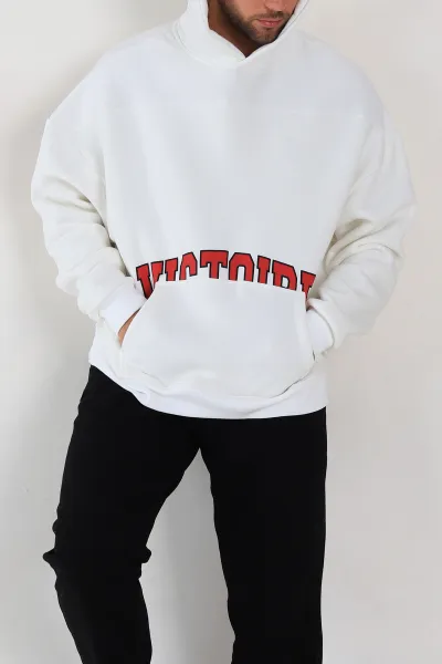 Beyaz Oversize Üç İp Şardonlu Baskılı Kanguru Cepli Kapüşonlu Erkek Sweatshirt 307230