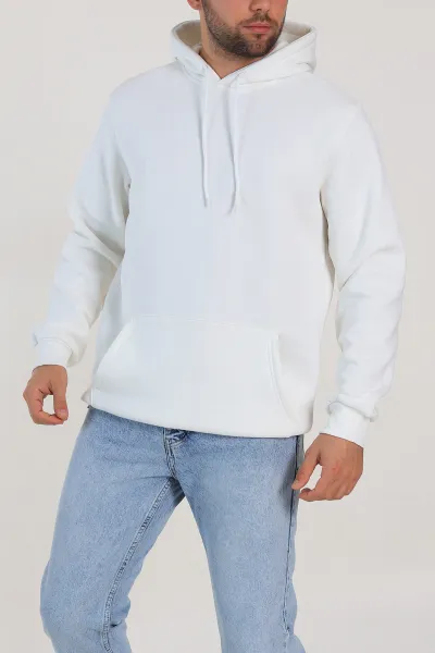 Beyaz Oversize Üç İp Şardonlu Erkek Basic Kapüşonlu Sweatshirt 316271