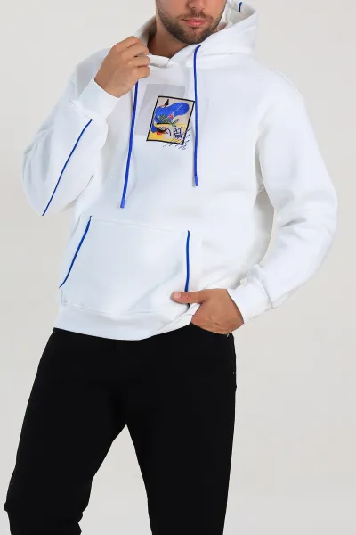 Beyaz Oversize Üç İp Şardonlu Kabartma Baskı Detaylı Kapüşonlu Sweatshirt 307220
