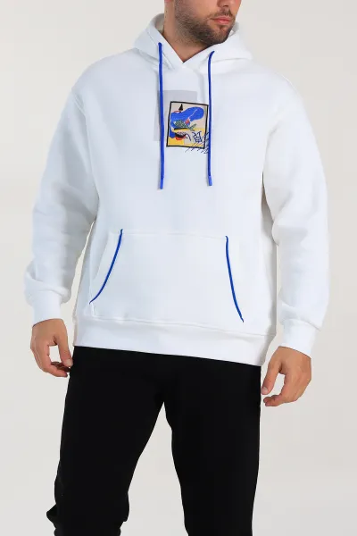 Beyaz Oversize Üç İp Şardonlu Kabartma Baskı Detaylı Kapüşonlu Sweatshirt 307220
