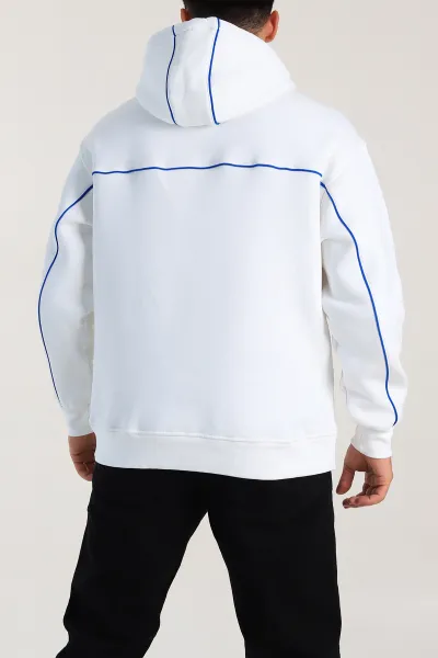 Beyaz Oversize Üç İp Şardonlu Kabartma Baskı Detaylı Kapüşonlu Sweatshirt 307220
