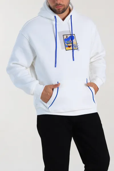 Beyaz Oversize Üç İp Şardonlu Kabartma Baskı Detaylı Kapüşonlu Sweatshirt 307220
