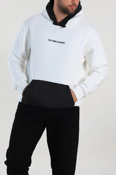 Beyaz Oversize Üç İp Şardonlu Kapüşonlu Erkek Sweatshirt 309121