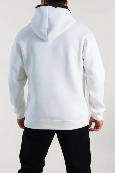 Beyaz Oversize Üç İp Şardonlu Kapüşonlu Erkek Sweatshirt 309121