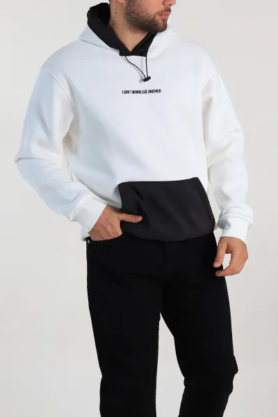Beyaz Oversize Üç İp Şardonlu Kapüşonlu Erkek Sweatshirt 309121