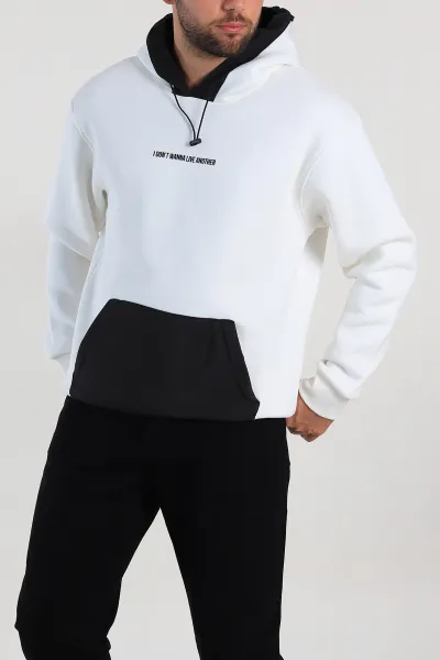 Beyaz Oversize Üç İp Şardonlu Kapüşonlu Erkek Sweatshirt 309121