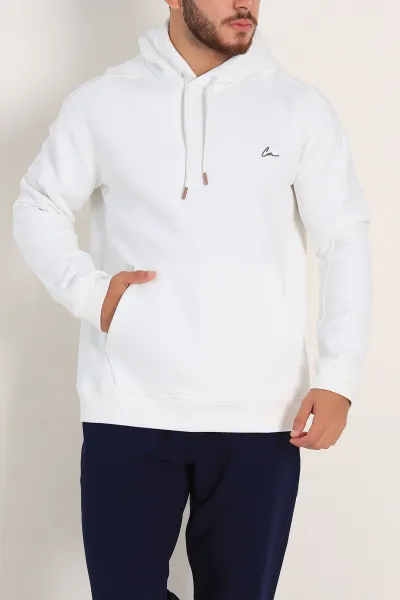 Beyaz Oversize Üç İp Şardonlu Kapüşonlu Sweatshirt 300921