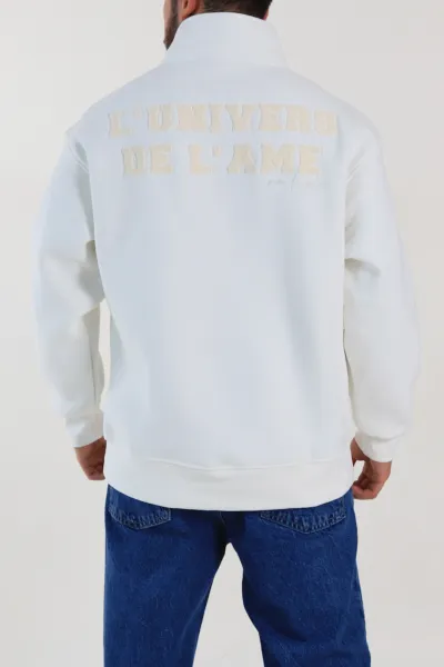 Beyaz Oversize Üç İp Şardonlu Nakış Yazı Detaylı Yarım Fermuar Erkek Sweatshirt 306940