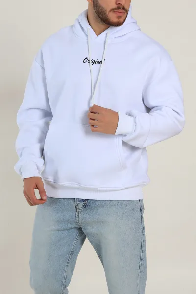 Beyaz Oversize Üç İp Şardonlu Yazı Detaylı Kapüşonlu Erkek Sweatshirt 310968
