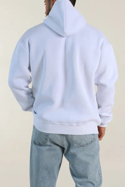 Beyaz Oversize Üç İp Şardonlu Yazı Detaylı Kapüşonlu Erkek Sweatshirt 310968