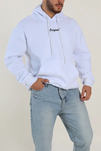 Beyaz Oversize Üç İp Şardonlu Yazı Detaylı Kapüşonlu Erkek Sweatshirt 310968