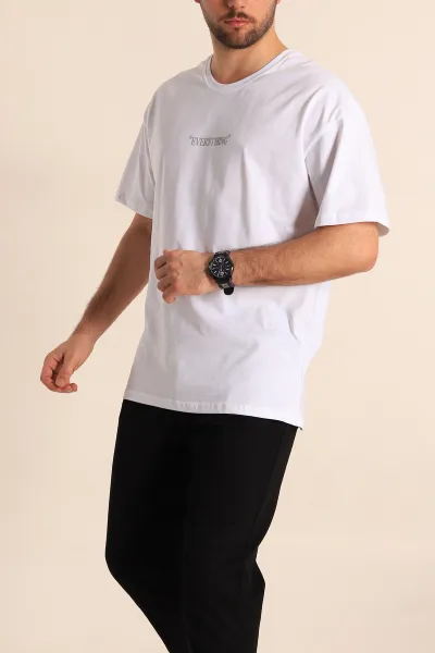 Beyaz Oversize Yazı Detay Erkek Tişört 247985