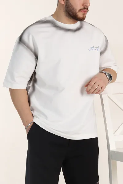 Beyaz Oversize Yazı Detaylı Yıkamalı Erkek Tişört 354076