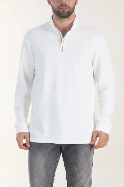 Beyaz Oysho Kumaş Düğmeli Polo Yaka Erkek Sweatshirt 406026