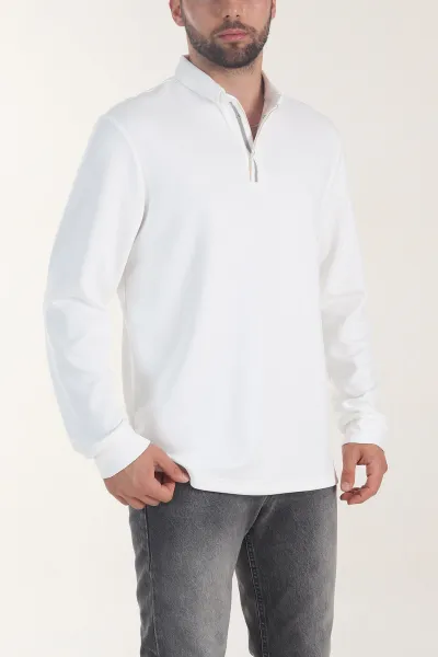 Beyaz Oysho Kumaş Düğmeli Polo Yaka Erkek Sweatshirt 406026