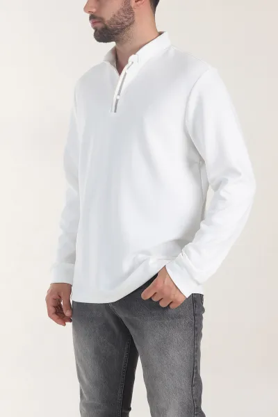 Beyaz Oysho Kumaş Düğmeli Polo Yaka Erkek Sweatshirt 406026