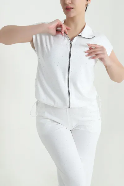 Beyaz Oysho Taşlı Fermuarlı Kadın İkili Takım 449126