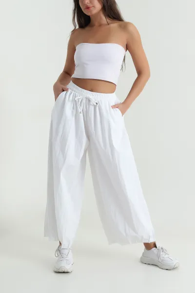 Beyaz Paça Pileli Baggy Kadın Pantolon 478812