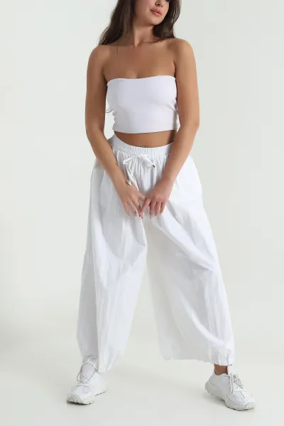 Beyaz Paça Pileli Baggy Kadın Pantolon 478812