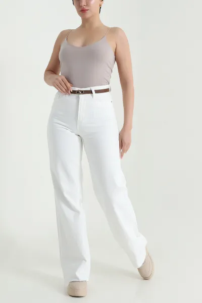 Beyaz Paçası Lazer Kesim Palazzo Kadın Kot Pantolon 469094