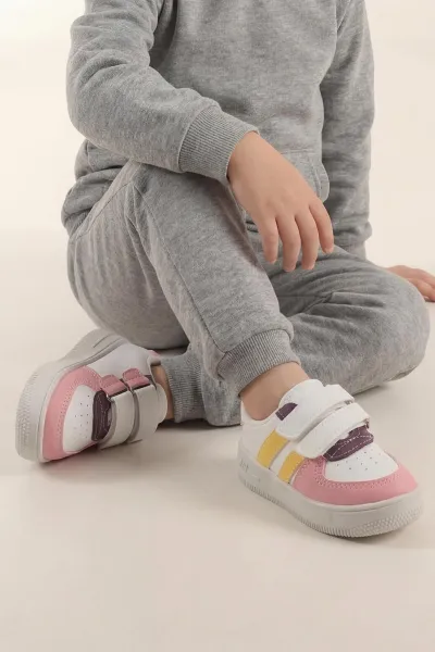 Beyaz Pembe Çizgili ( 22 - 25 ) Cırtlı Kız Bebek Spor Ayakkabı 440258