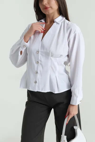 Beyaz Pensli Gold Düğmeli Poplin Kadın Gömlek 492791