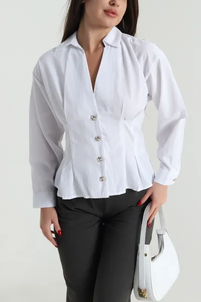 Beyaz Pensli Gold Düğmeli Poplin Kadın Gömlek 492791
