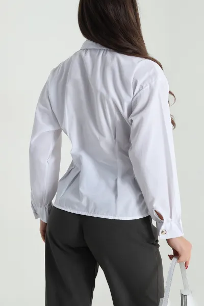 Beyaz Pensli Gold Düğmeli Poplin Kadın Gömlek 492791