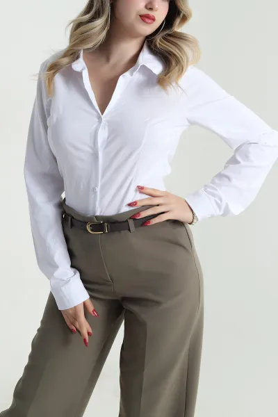 Beyaz Pensli Poplin Kadın Gömlek 479940