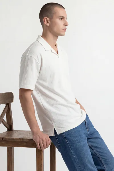 Beyaz Pike Kumaş Oversize  Polo Yaka Erkek Tişört 448949