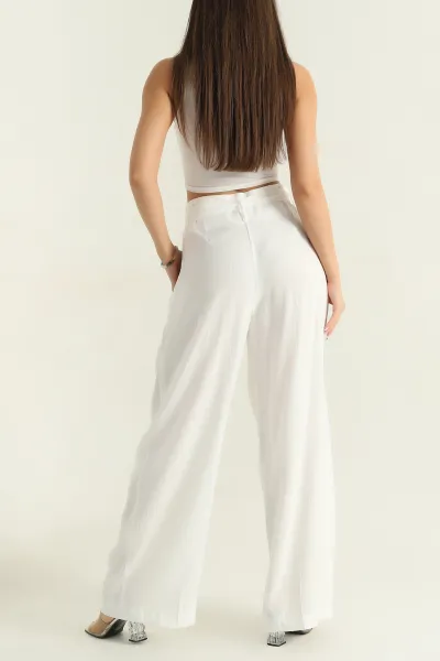 Beyaz Pilelil Geniş Paça Kadın Modal Pantolon 371773