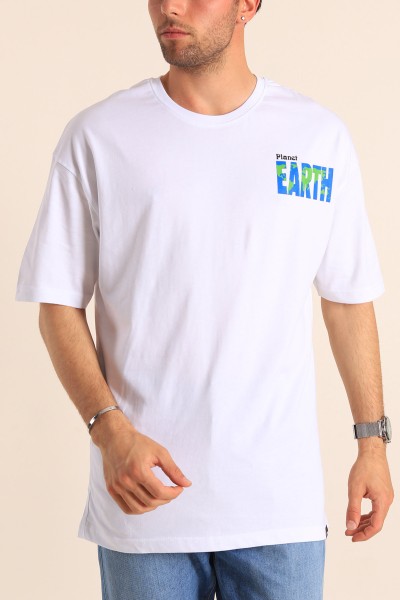 Beyaz Planet Sırt Baskılı Oversize Erkek Tişört 186072