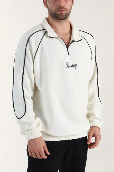 Beyaz Polar Kumaş Yarım Fermuarlı Yazı Detaylı Erkek Sweatshirt 408553
