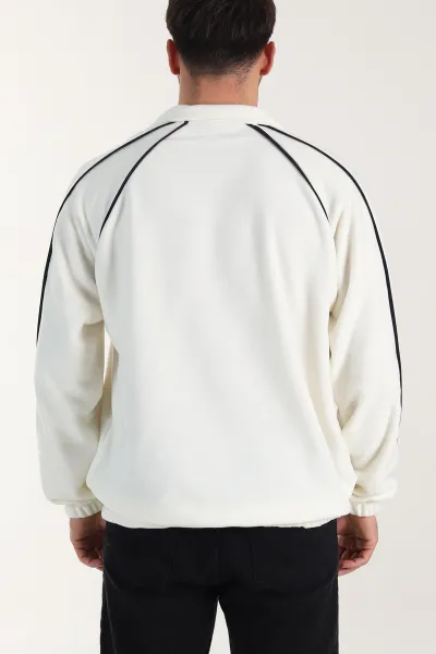 Beyaz Polar Kumaş Yarım Fermuarlı Yazı Detaylı Erkek Sweatshirt 408553