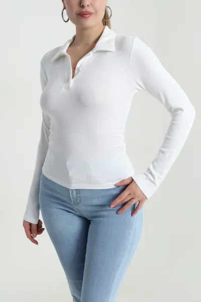 Beyaz Polo Yaka Büzgülü Viskon Kadın Bluz 484516