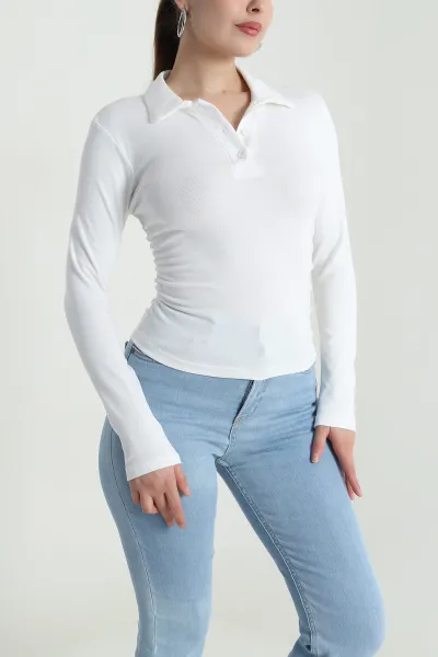 Beyaz Polo Yaka Büzgülü Viskon Kadın Bluz 484516