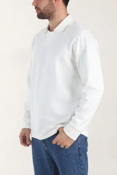Beyaz Polo Yaka Düğmeli Nakış Detaylı Erkek Sweatshirt 404866