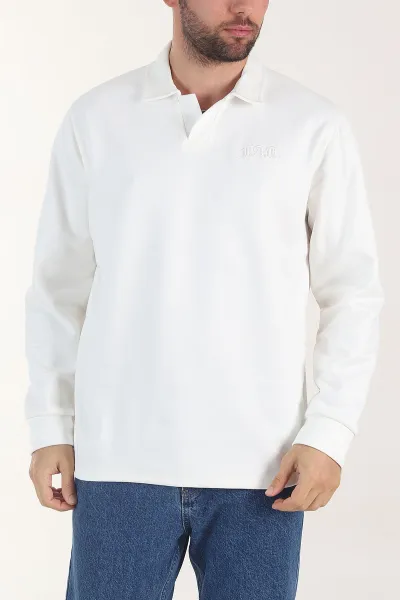 Beyaz Polo Yaka Düğmeli Nakış Detaylı Erkek Sweatshirt 404866