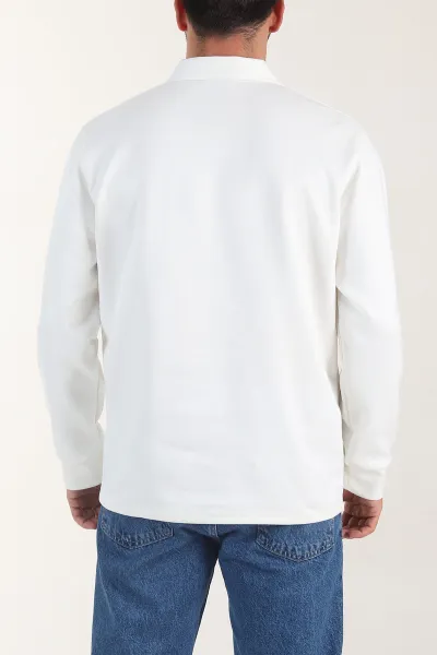 Beyaz Polo Yaka Düğmeli Nakış Detaylı Erkek Sweatshirt 404866
