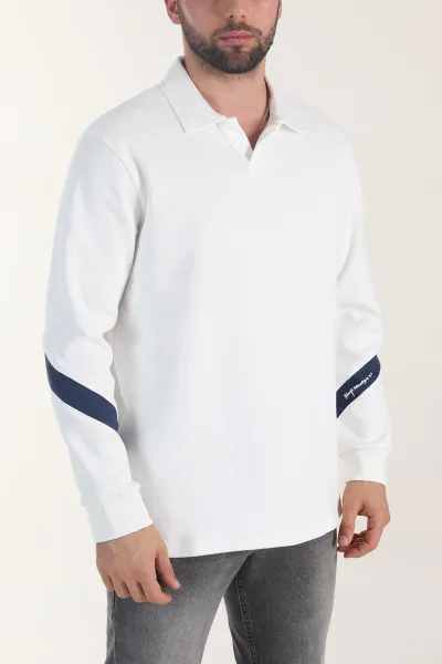 Beyaz Polo Yaka Erkek Sweatshirt 406885